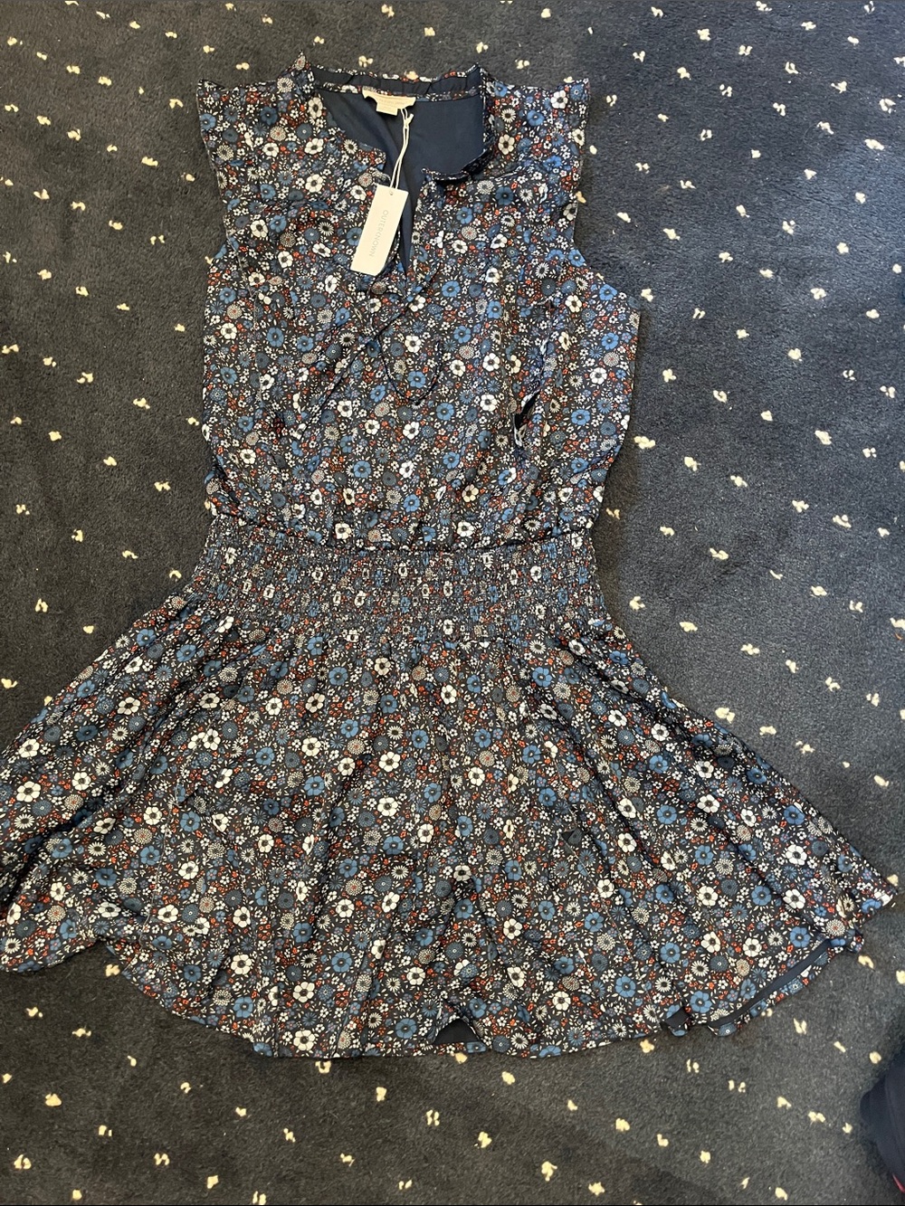Floral Sleeveless Smocked Waist Skater Dress - Navy Blue